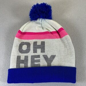 AEO Beanie Hat Oh Hey Pom Pom Blue Pink White Acrylic Winter Cap OS